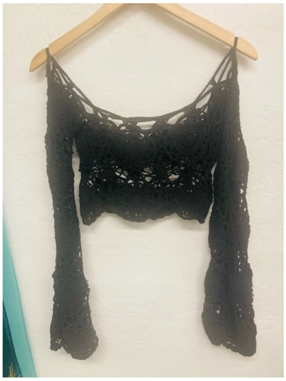 NWOT Handmade Crochet Bell Sleeve Cropped Festival Top - Black, size XS-M